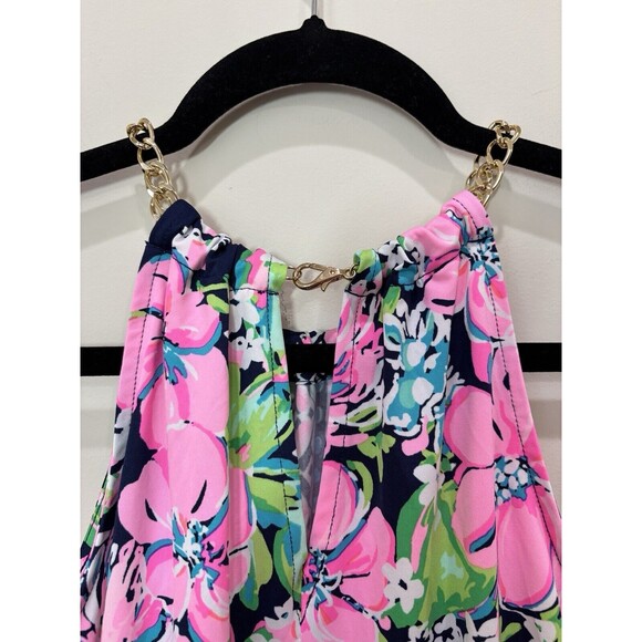 Lilly Pulitzer Bowen Top High Tide Navy XS Gold Chain Halter Pink Tropical Flora - Picture 5 of 9
